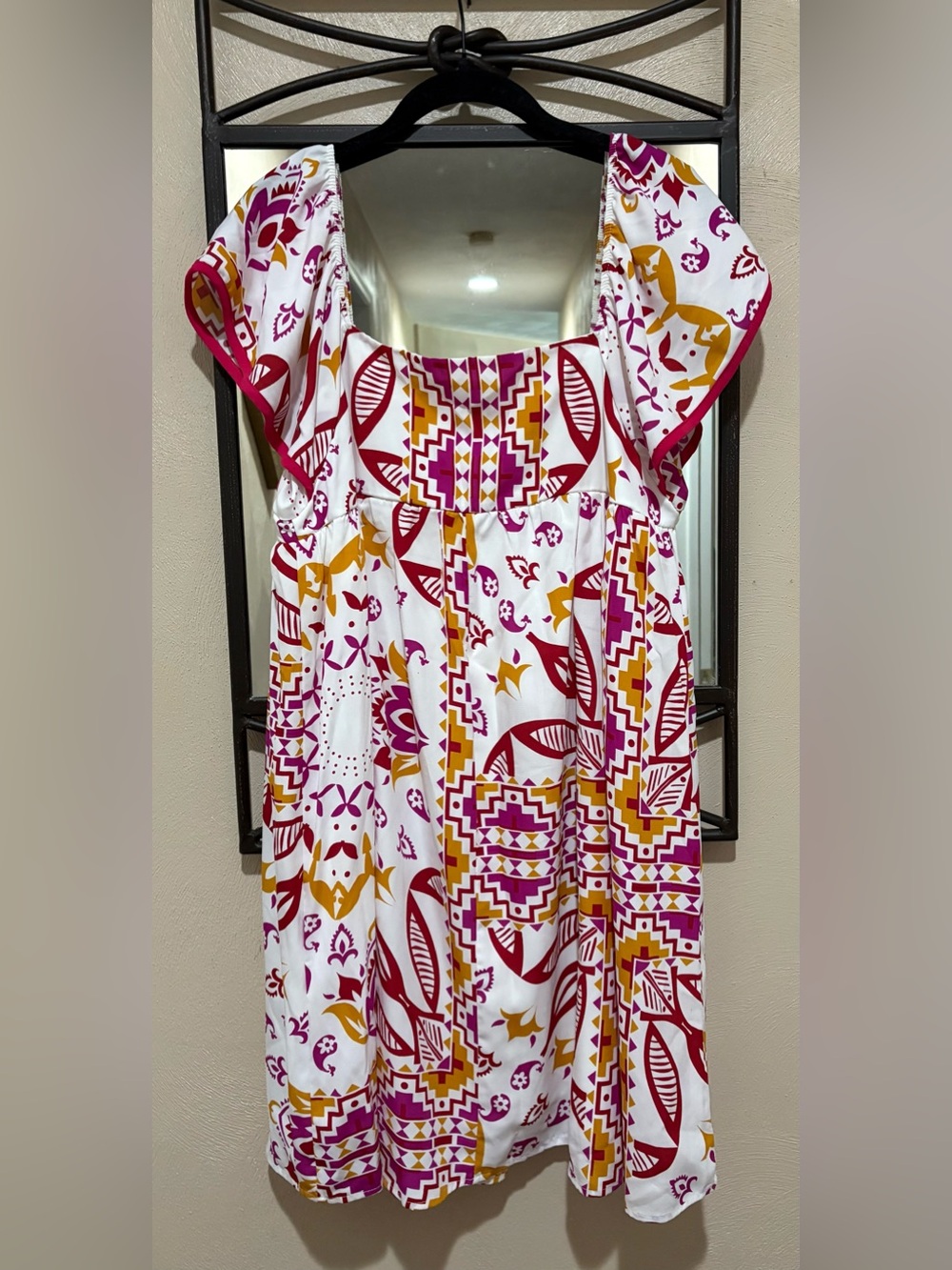 Ces Femme White Mini Dress with Pink & Mustard Geo Floral Print Size M
